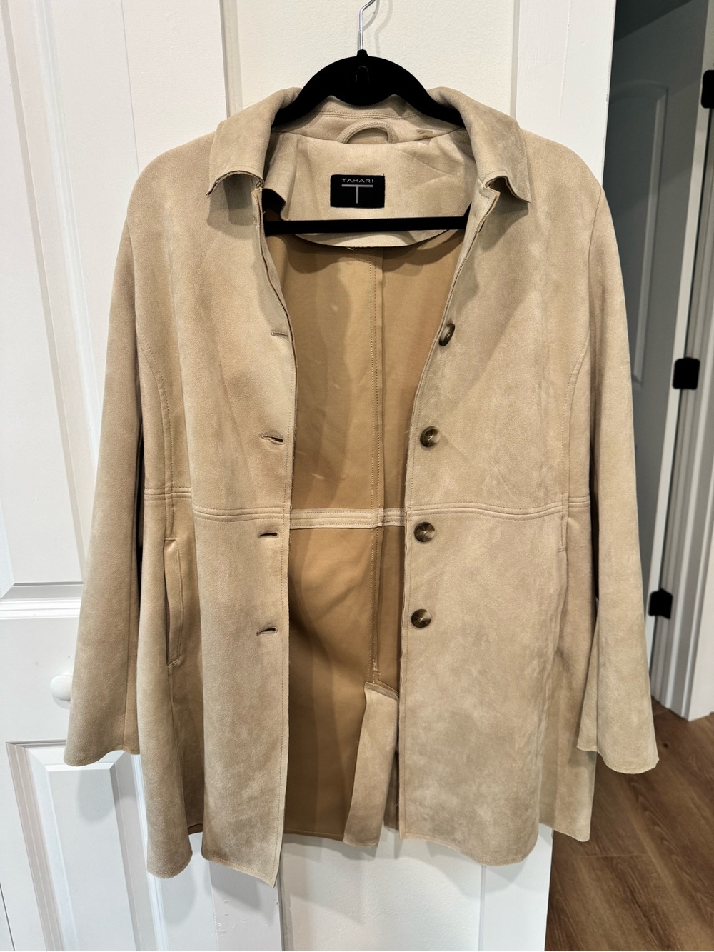 Tahari Tan Suede Button-Front Trench Coat